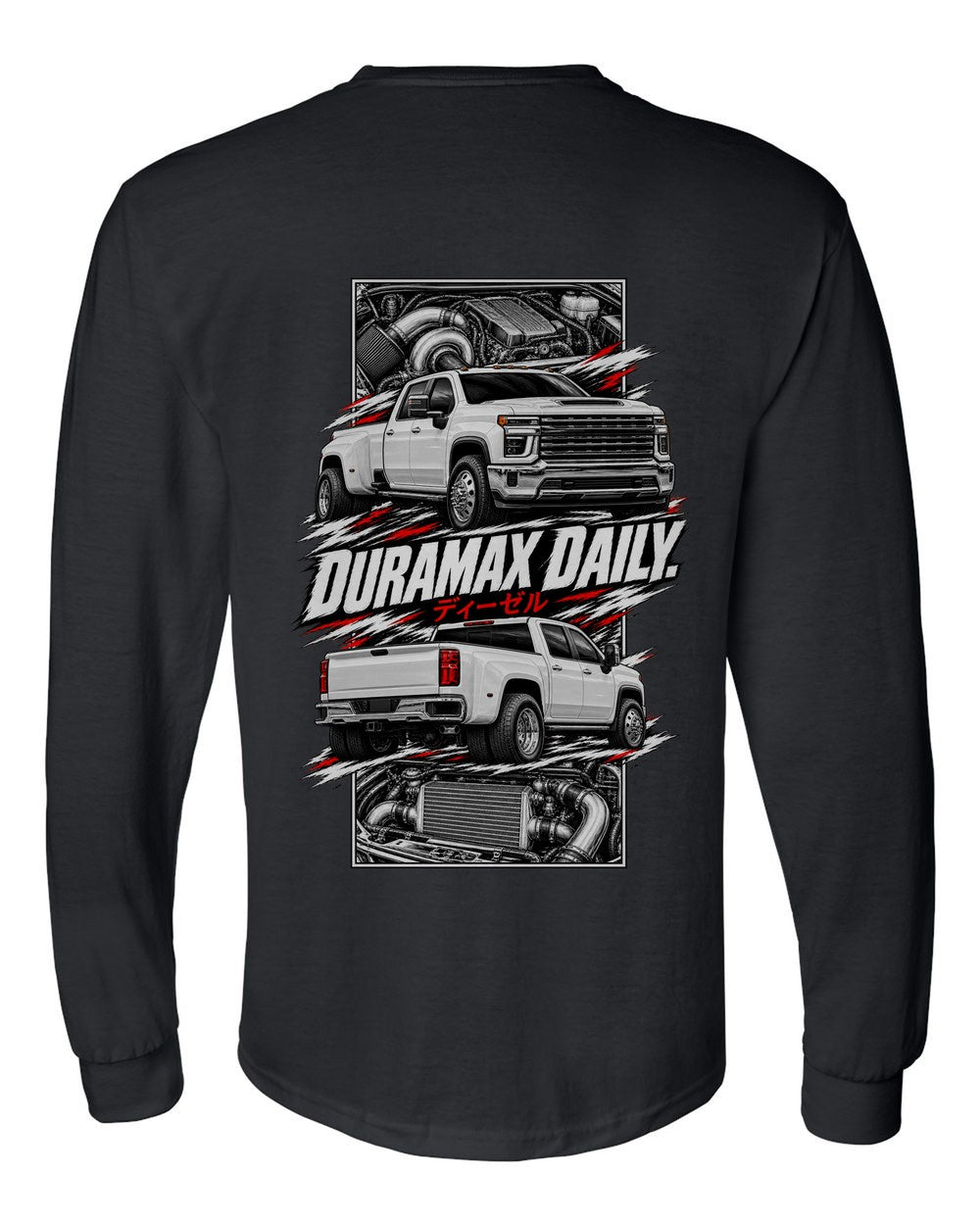 Chevy Silverado Hd torn poster black long sleeve back view with the design