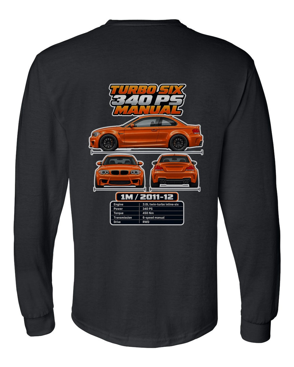 BMW 1 Series M Coupe spec sheet black long sleeve back view with the design