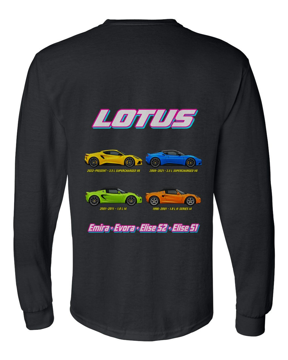 Lotus evolution poster black long sleeve back view with the design