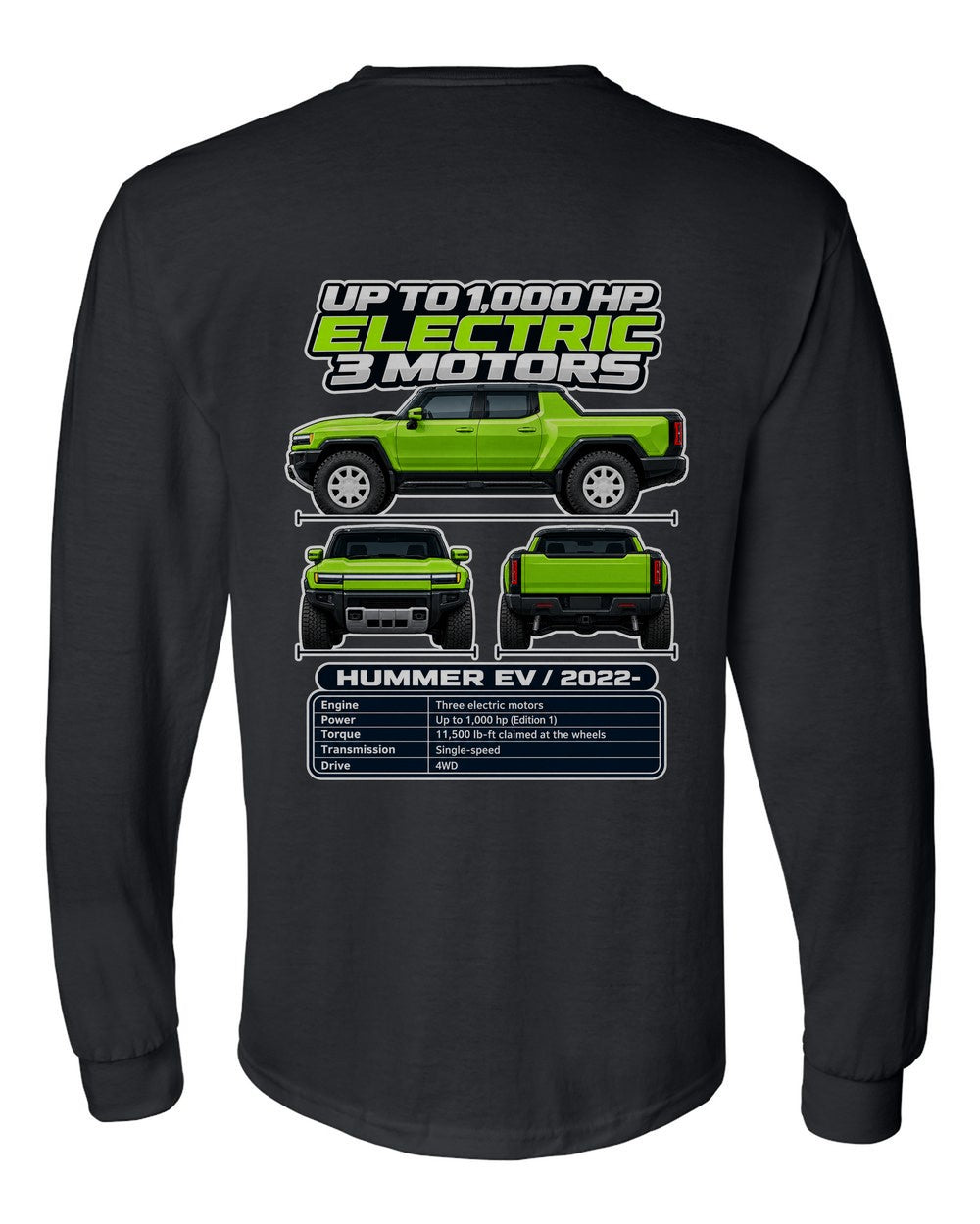 GMC Hummer Ev spec sheet black long sleeve back view with the design