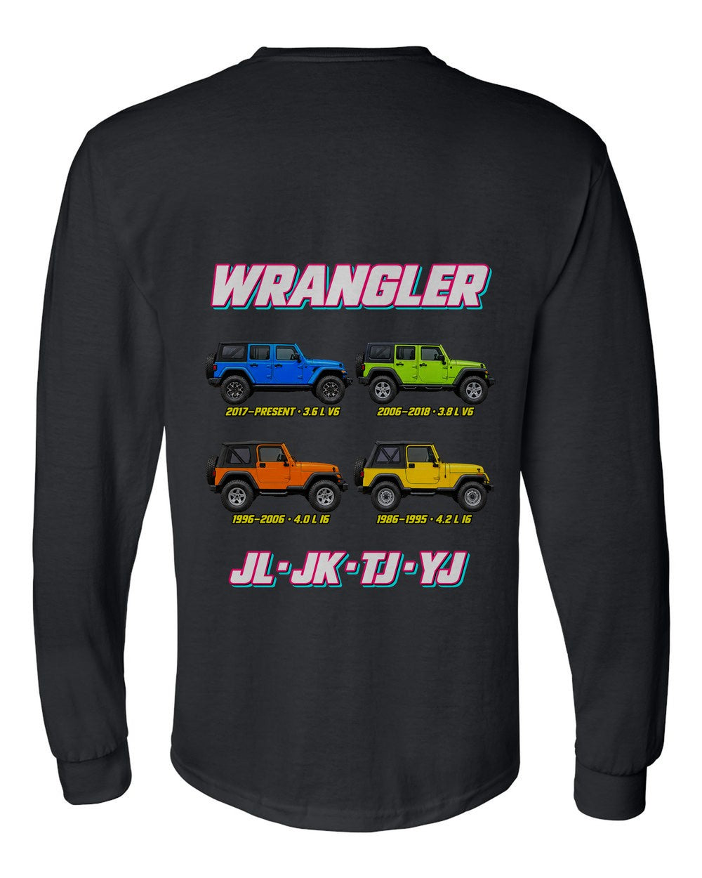 Jeep Wrangler evolution poster black long sleeve back view with the design