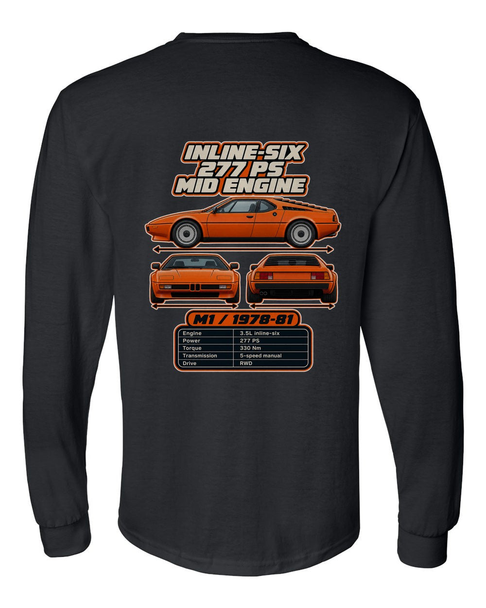 BMW M1 spec sheet black long sleeve back view with the design