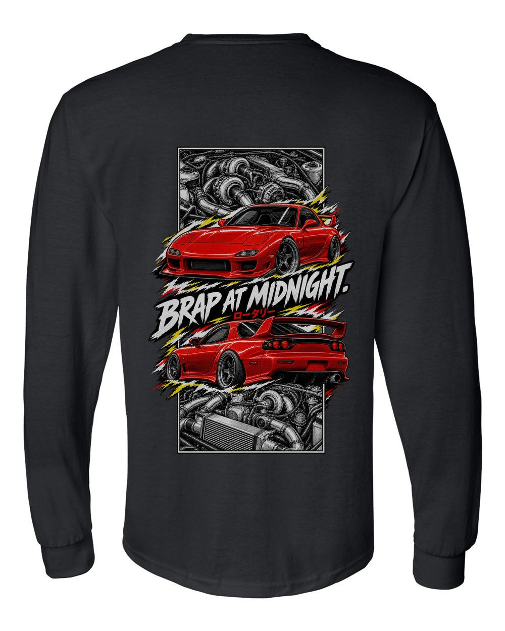 Mazda RX-7 Fd3S torn poster black long sleeve back view with the design