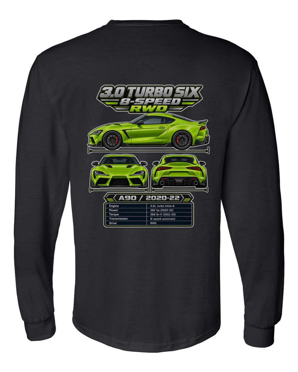Toyota GR Supra A90 spec sheet black long sleeve back view with the design