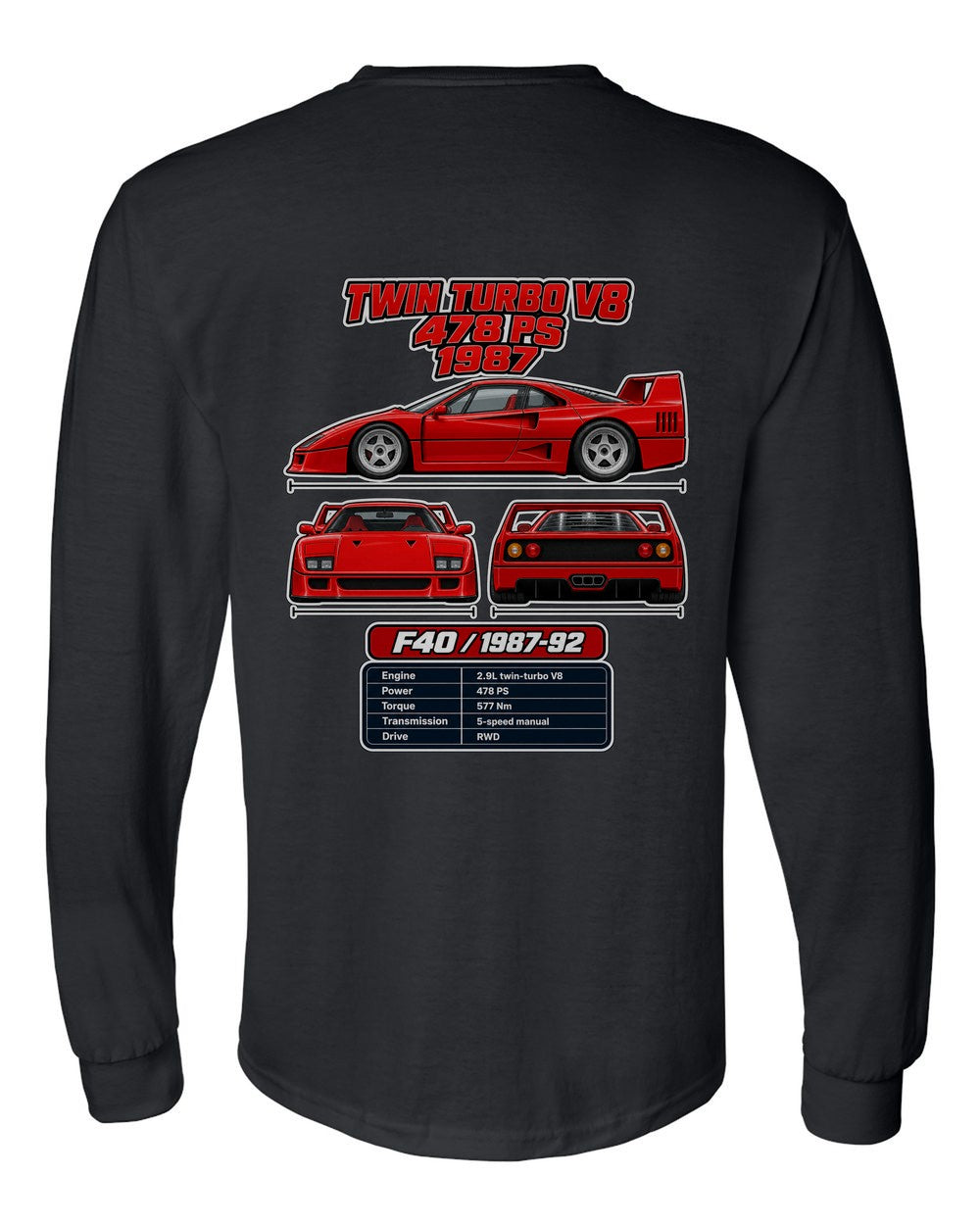 Ferrari F40 spec sheet black long sleeve back view with the design