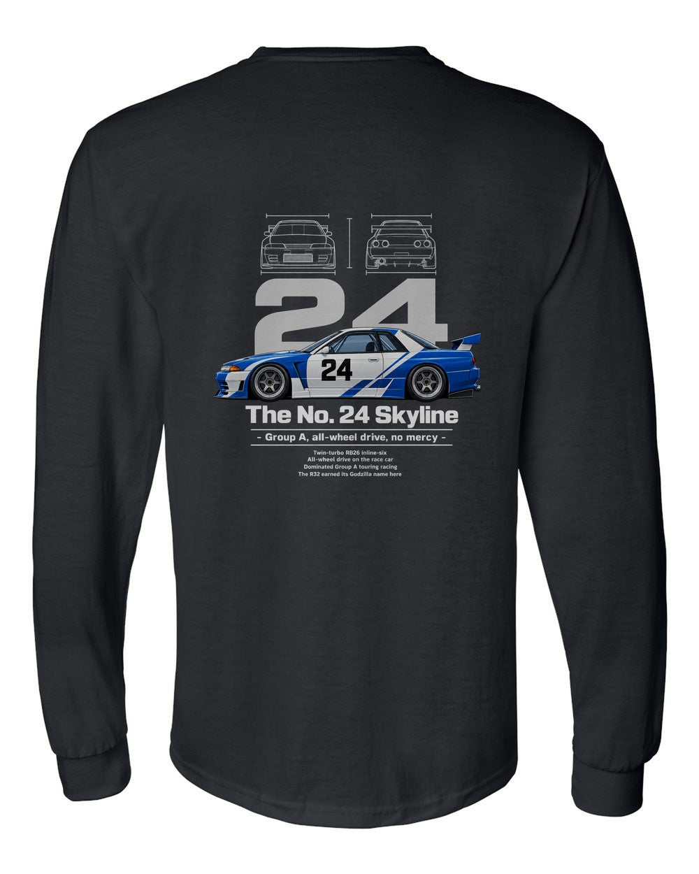 No. 24 Skyline black long sleeve back view with the design