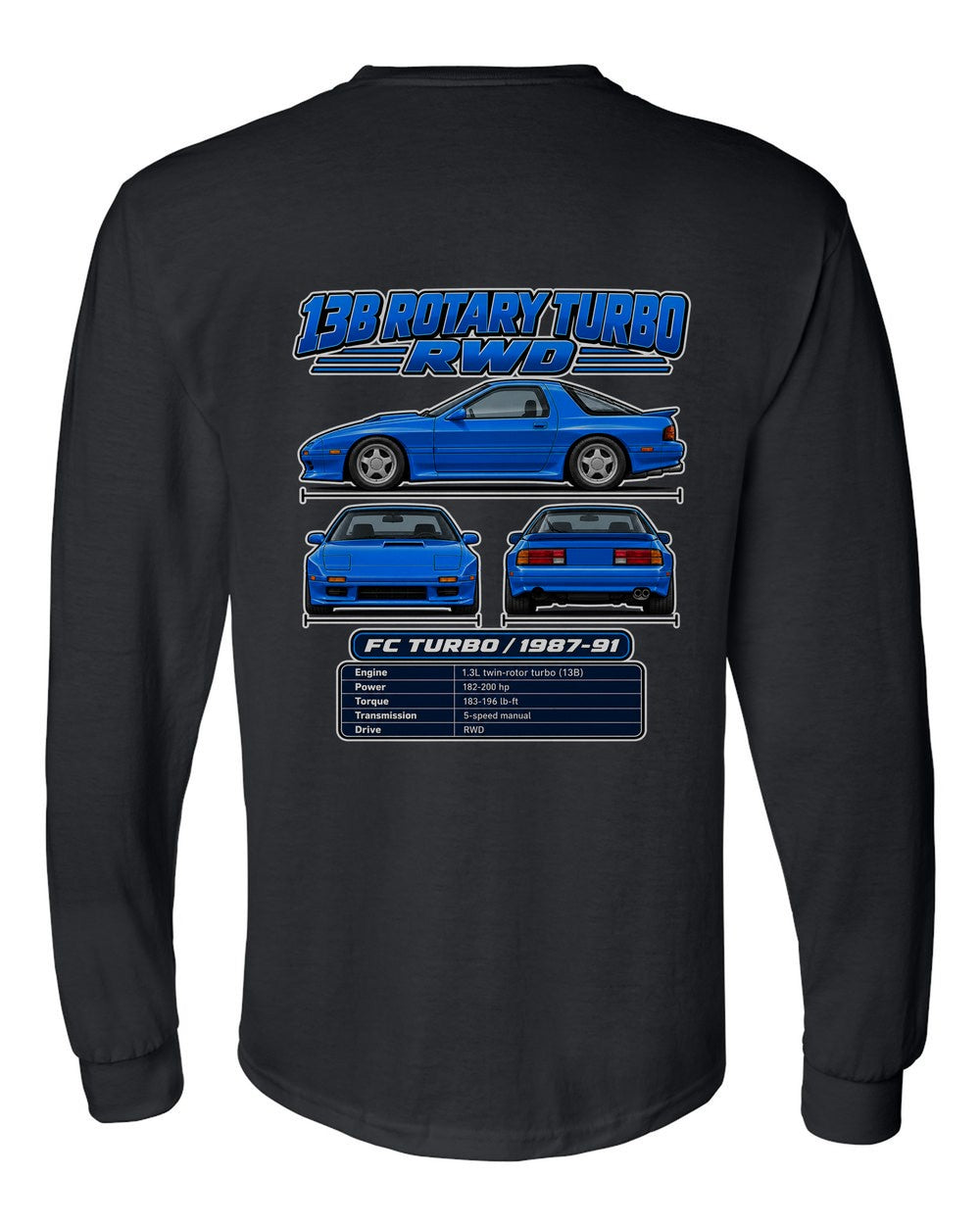 Mazda Rx 7 Fc Turbo spec sheet black long sleeve back view with the design