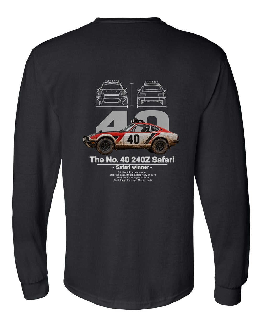 No. 40 240Z Safari black long sleeve back view with the design