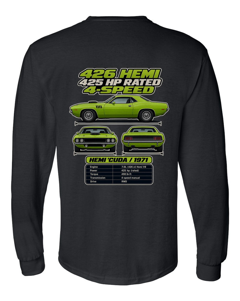 Plymouth Hemi Cuda 1971 spec sheet black long sleeve back view with the design