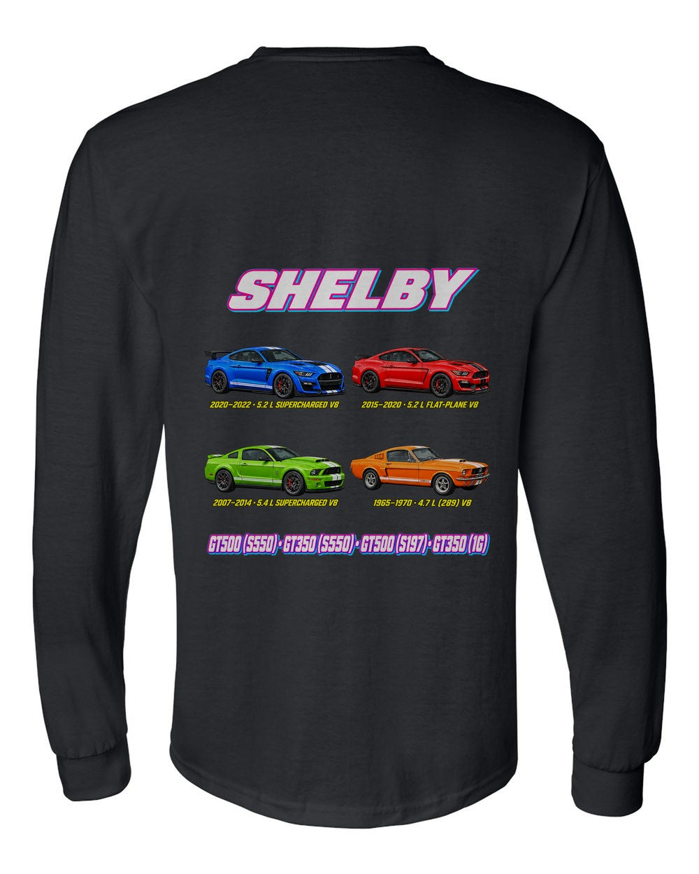 Shelby Mustang evolution poster black long sleeve back view with the design