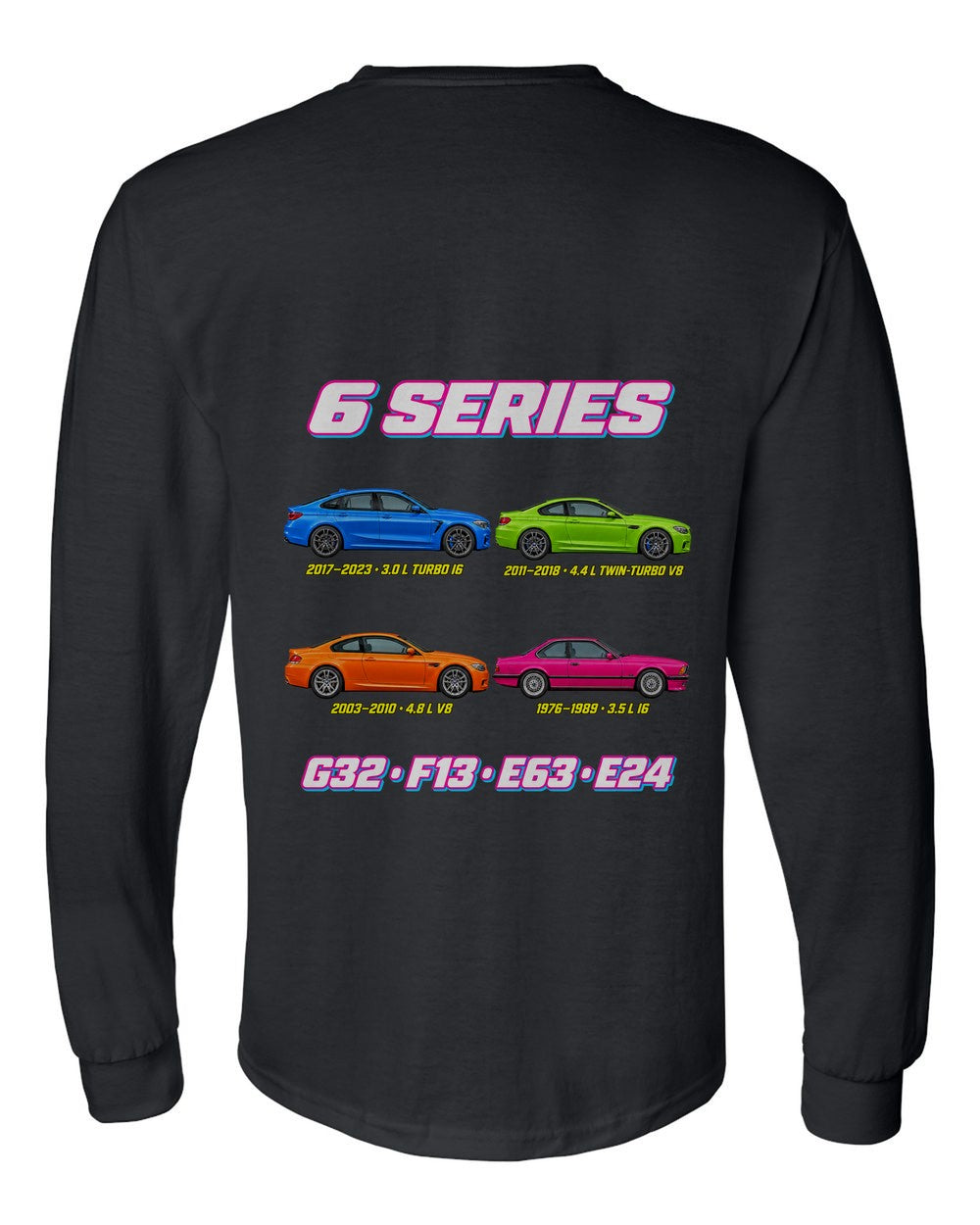 BMW 6 Series evolution poster black long sleeve back view with the design
