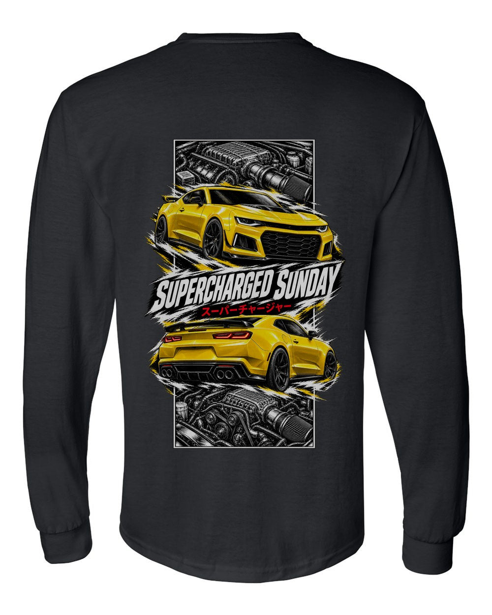 Chevy Camaro ZL1 torn poster black long sleeve back view with the design