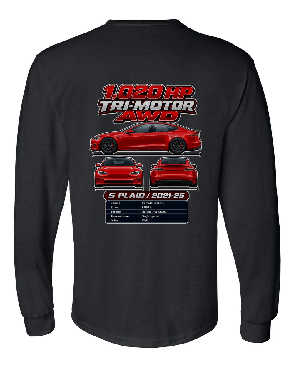 Tesla Model S Plaid spec sheet black long sleeve back view with the design