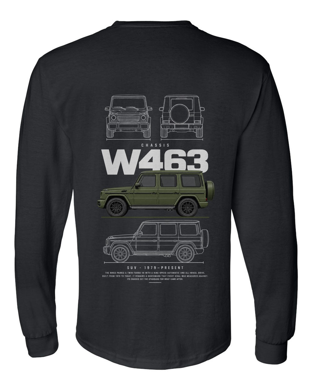 W463 full-back artwork black long sleeve back view with the design