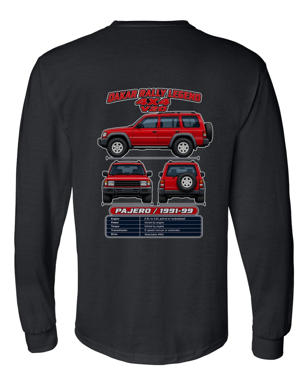 Mitsubishi Pajero spec sheet black long sleeve back view with the design