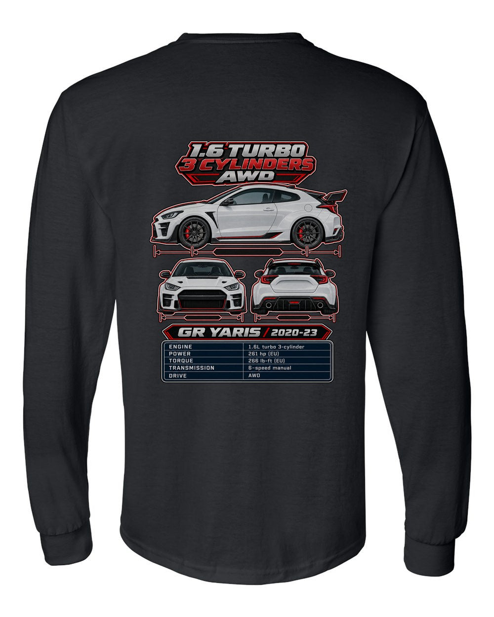 Toyota GR Yaris spec sheet black long sleeve back view with the design