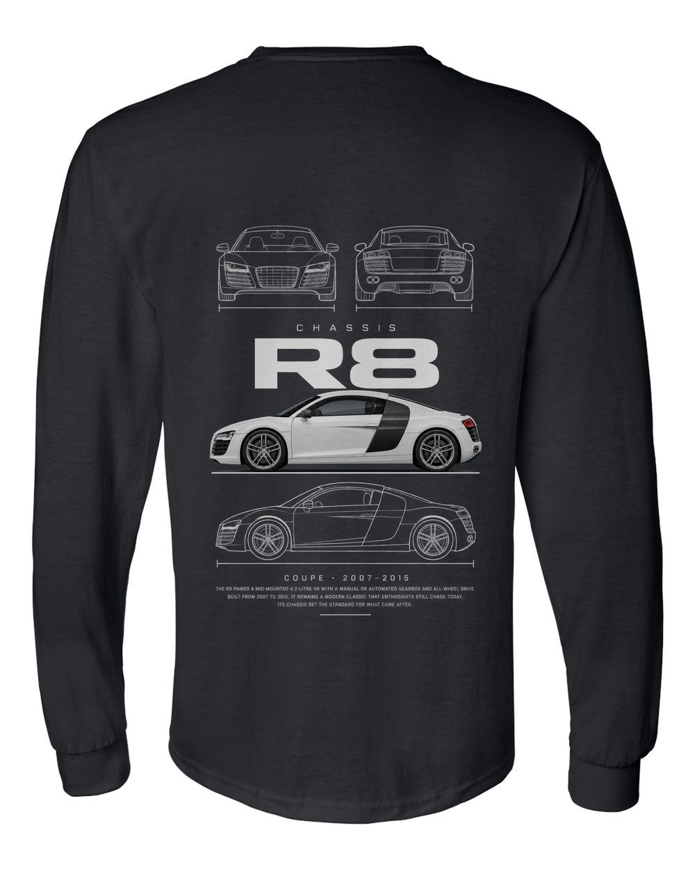 R8 full-back artwork black long sleeve back view with the design