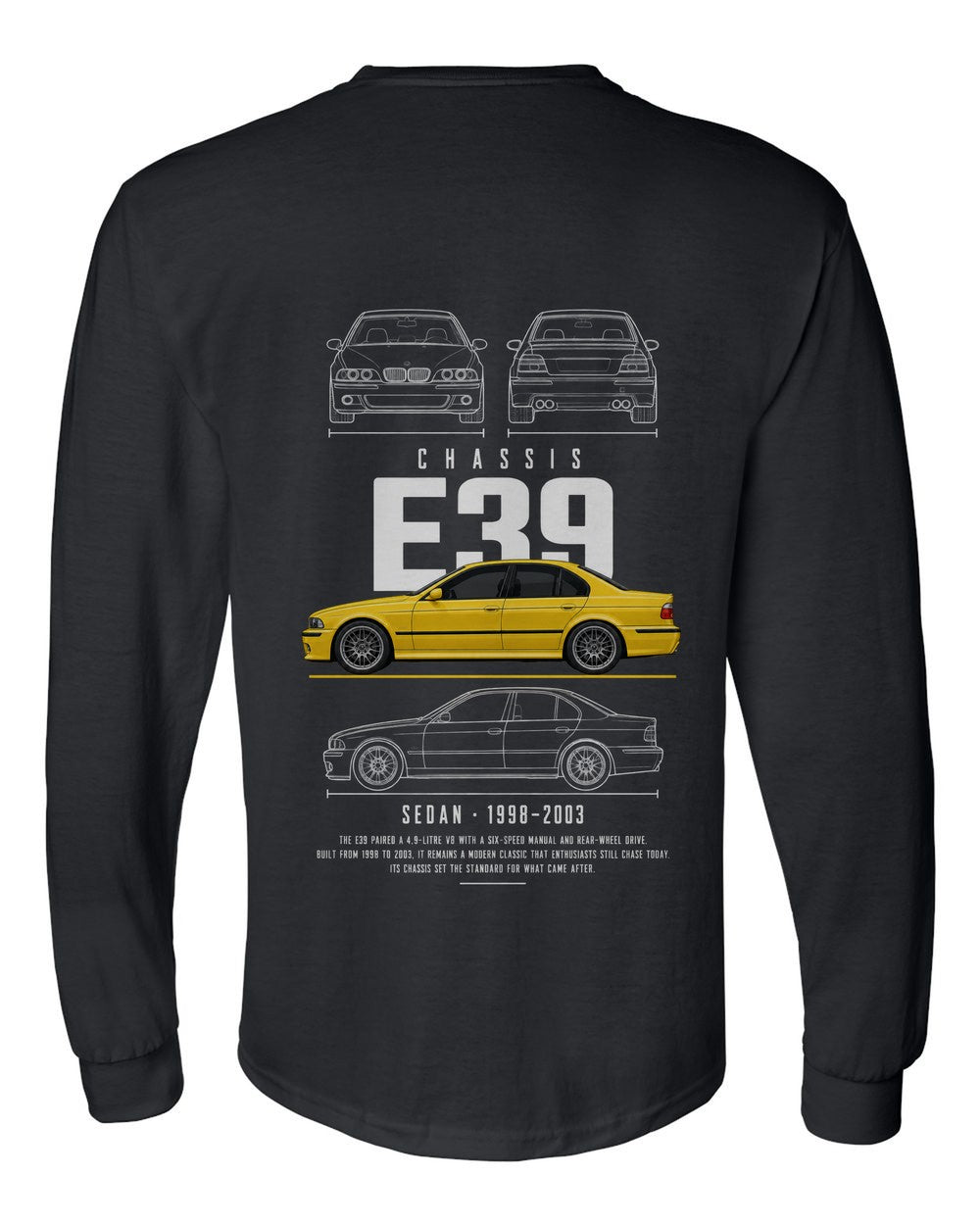 E39 full-back artwork black long sleeve back view with the design