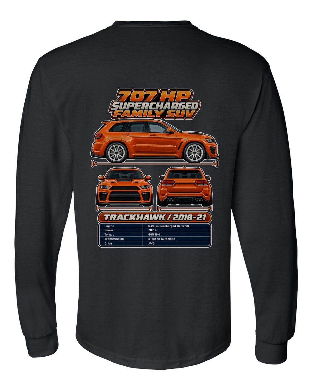 Jeep Grand Cherokee Trackhawk spec sheet black long sleeve back view with the design