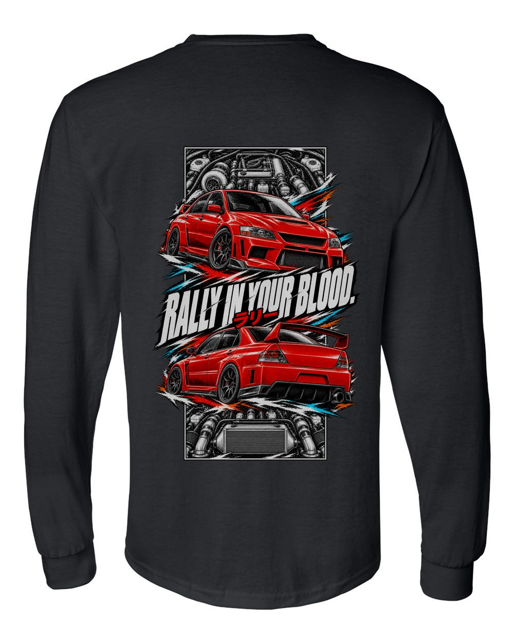 Mitsubishi Evo Ix torn poster black long sleeve back view with the design