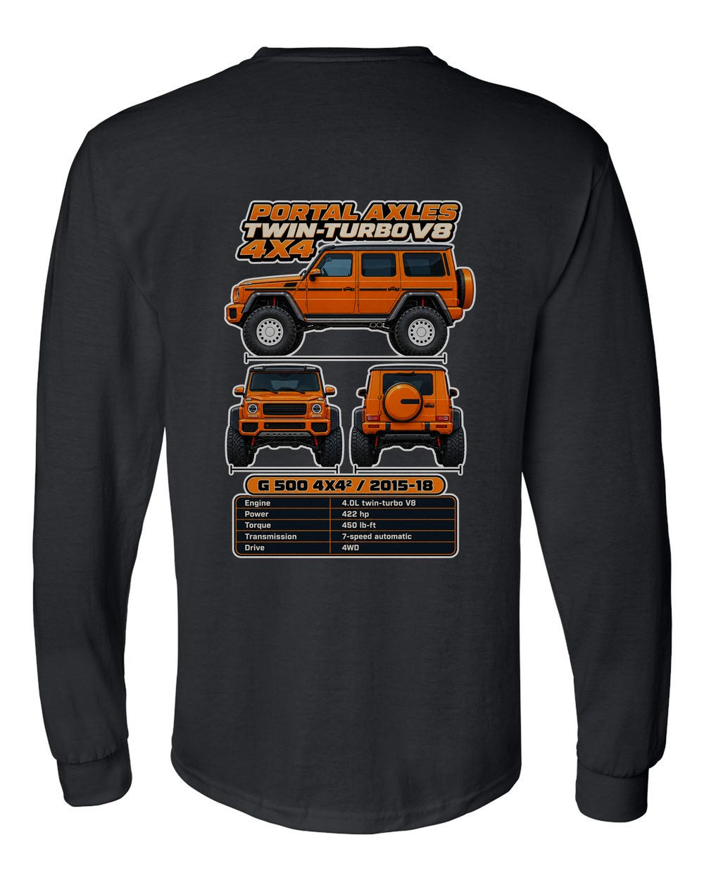 Mercedes G500 4X4 Squared spec sheet black long sleeve back view with the design