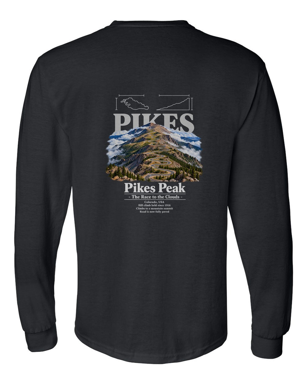 Pikes Peak black long sleeve back view with the design