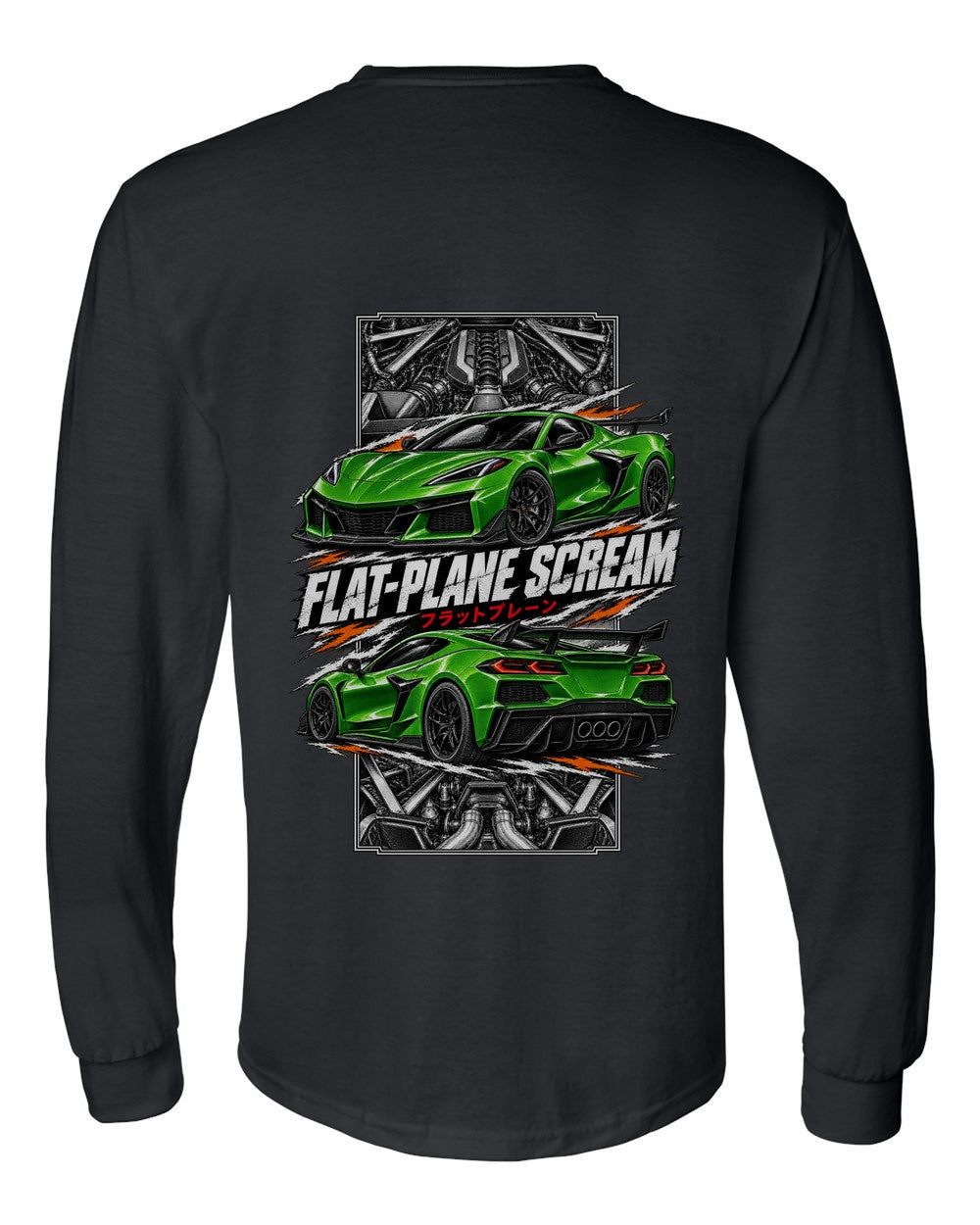 Corvette C8 Z06 torn poster black long sleeve back view with the design