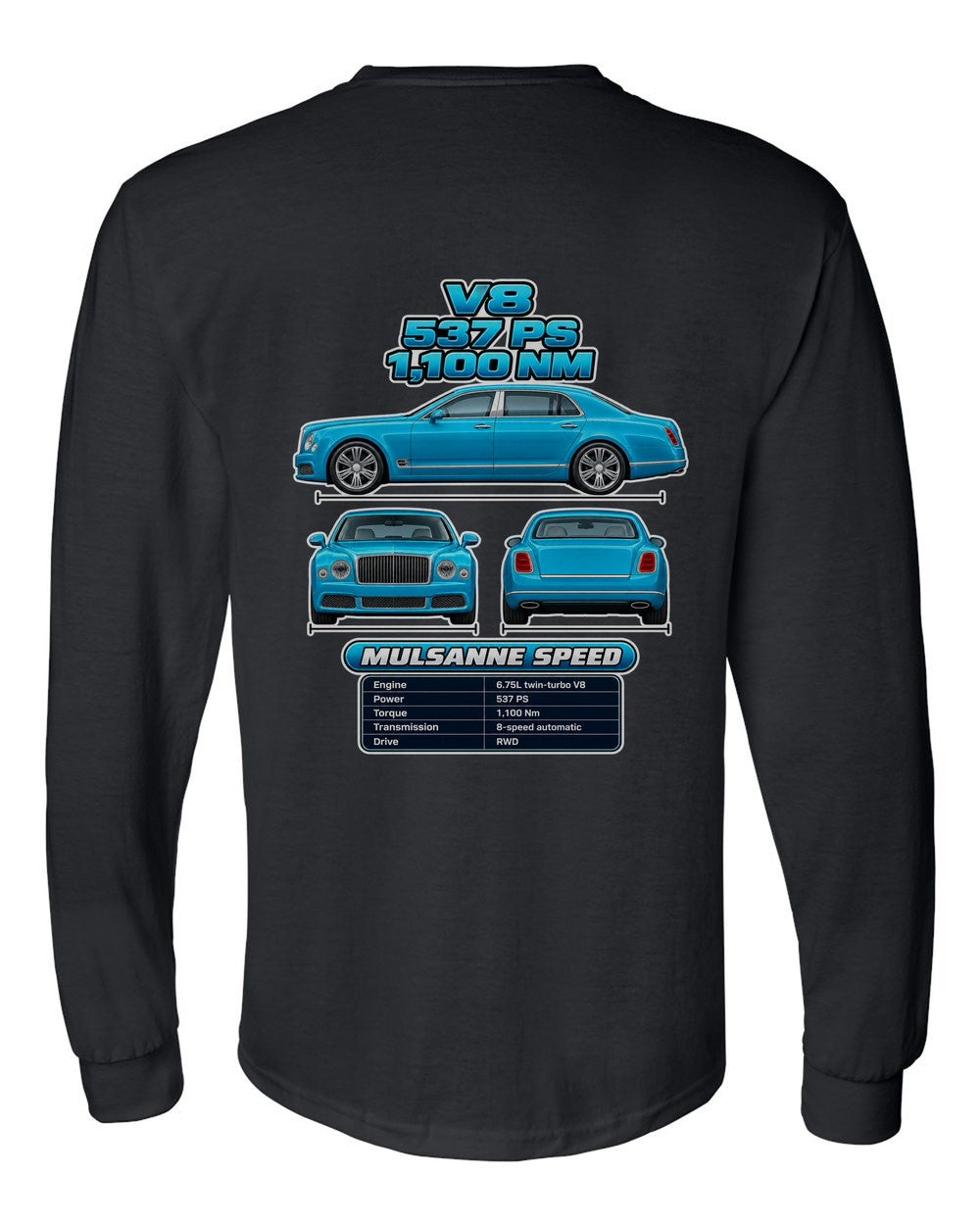 Bentley Mulsanne Speed spec sheet black long sleeve back view with the design