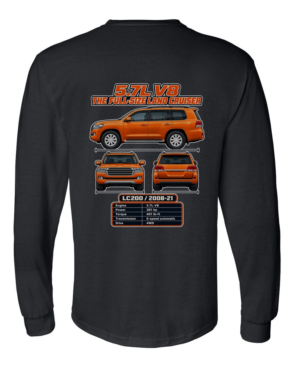 Toyota Land Cruiser 200 spec sheet black long sleeve back view with the design