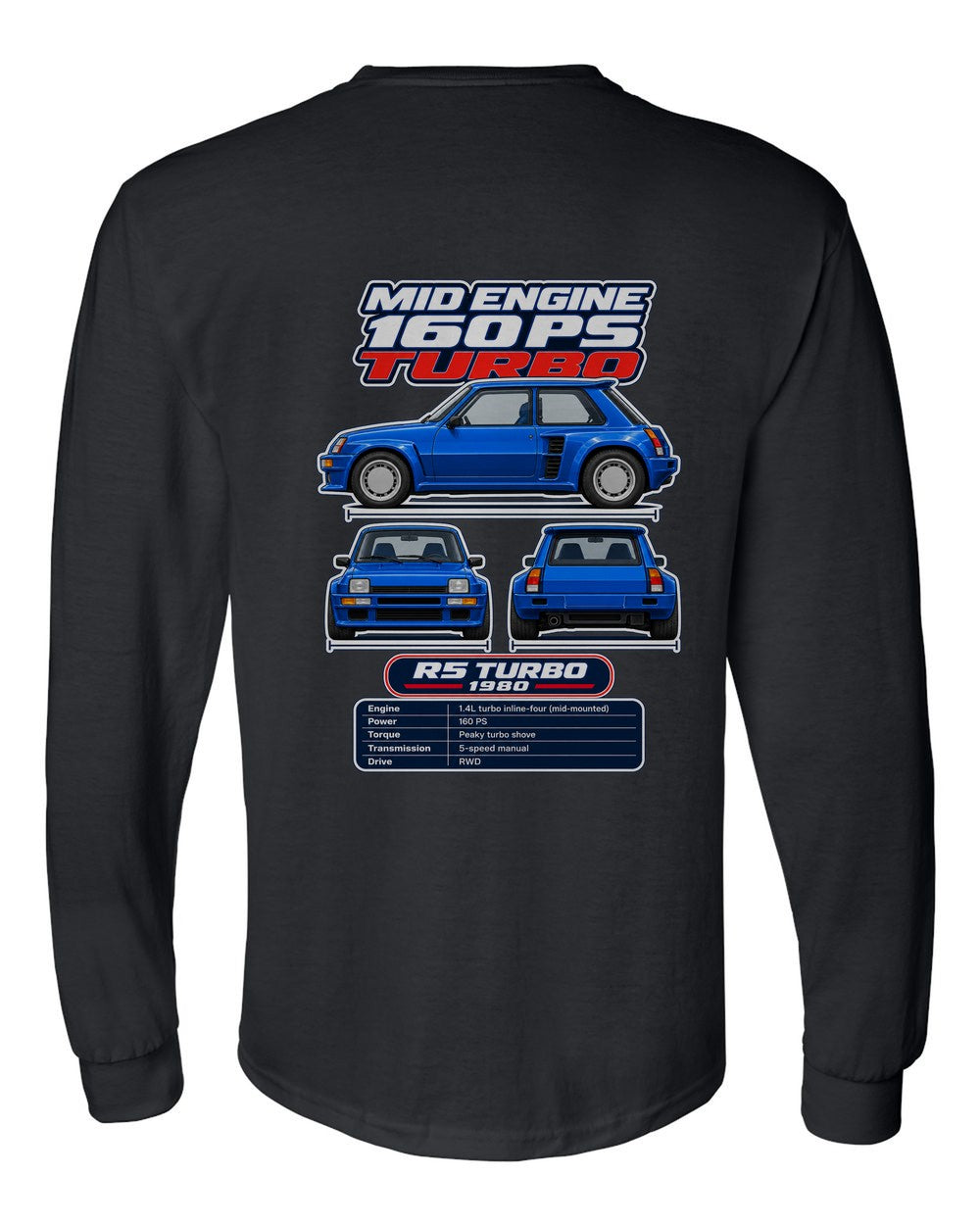 Renault 5 Turbo spec sheet black long sleeve back view with the design