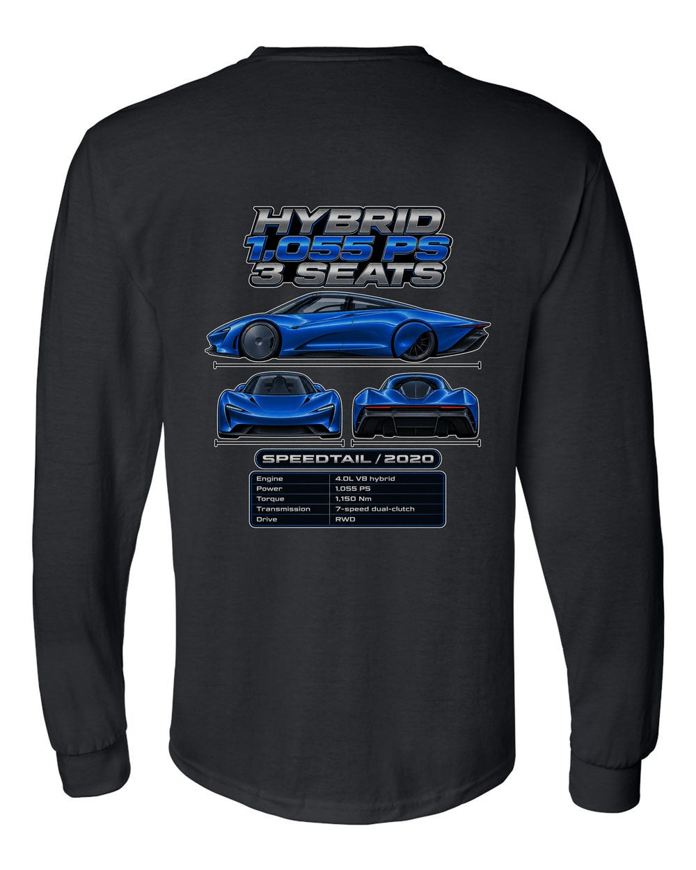 Mclaren Speedtail spec sheet black long sleeve back view with the design