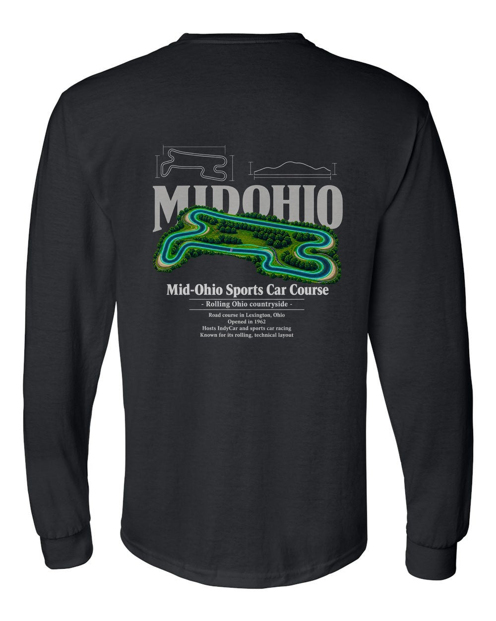 Mid-Ohio Sports Car Course black long sleeve back view with the design