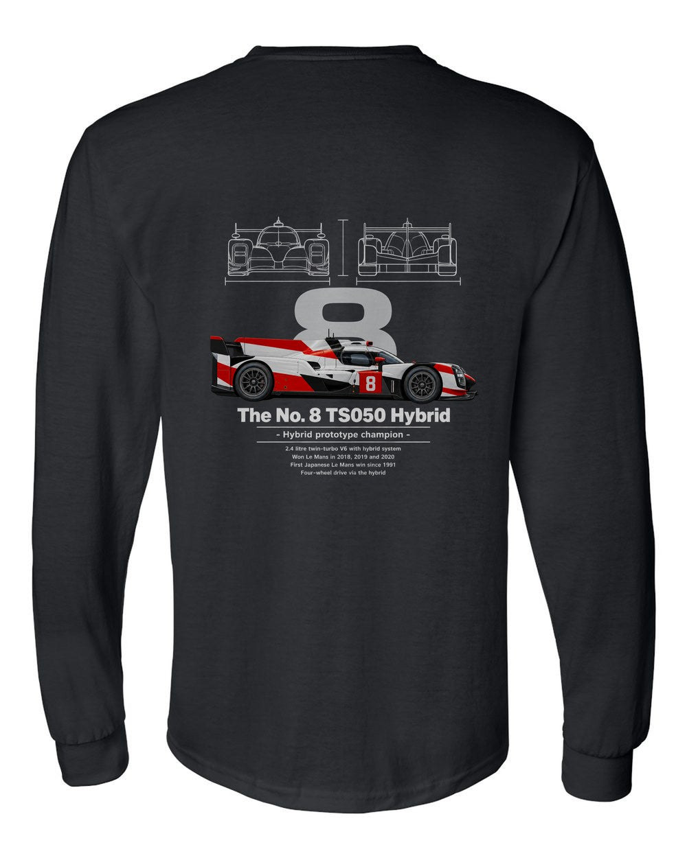 No. 8 TS050 Hybrid black long sleeve back view with the design
