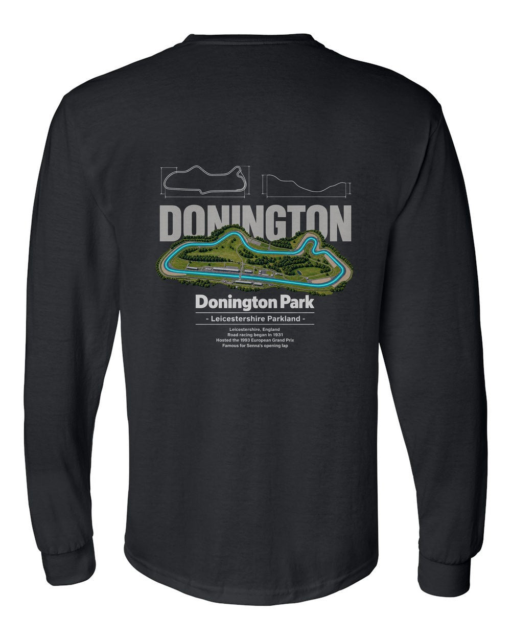 Donington Park black long sleeve back view with the design