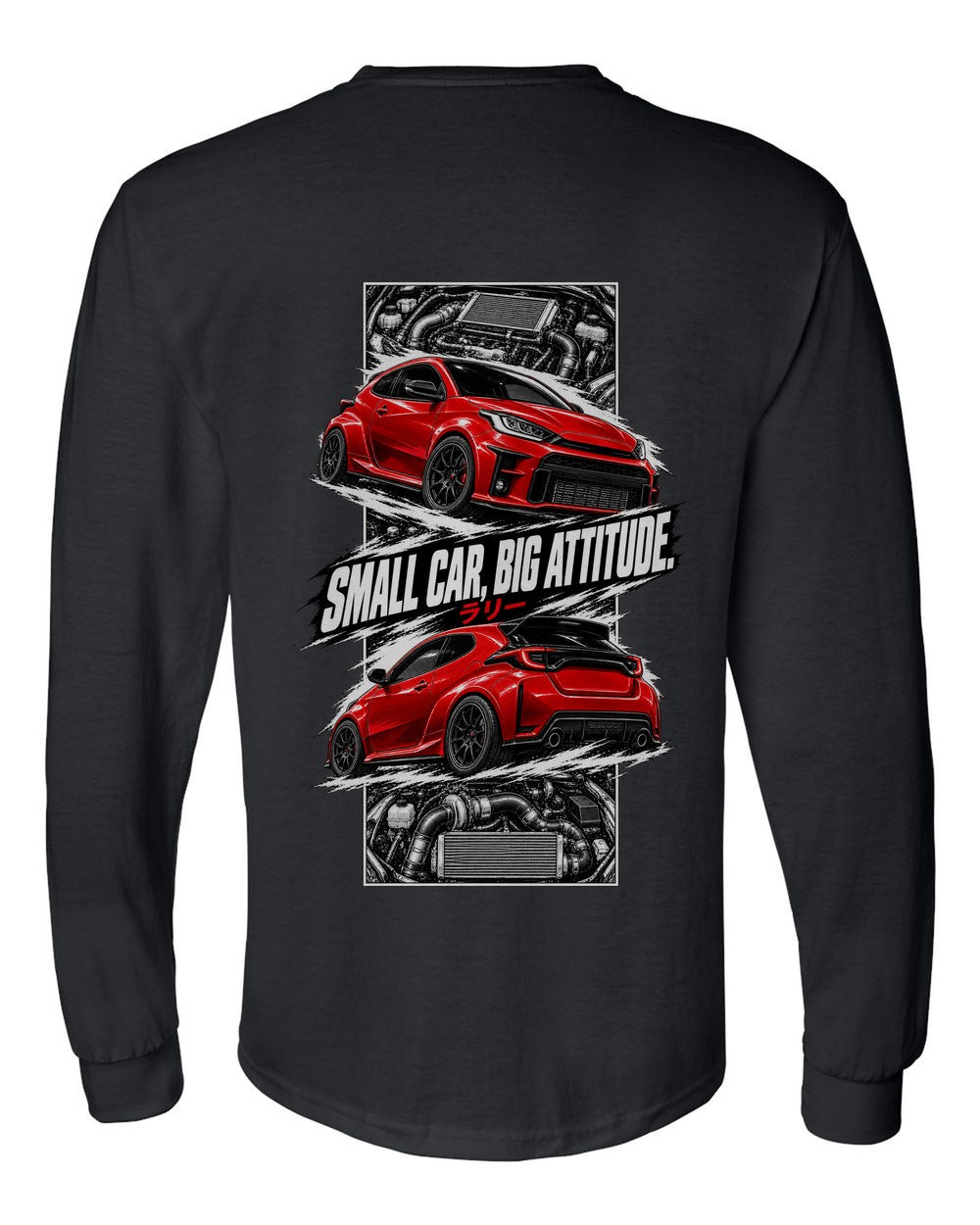 Toyota GR Yaris torn poster black long sleeve back view with the design