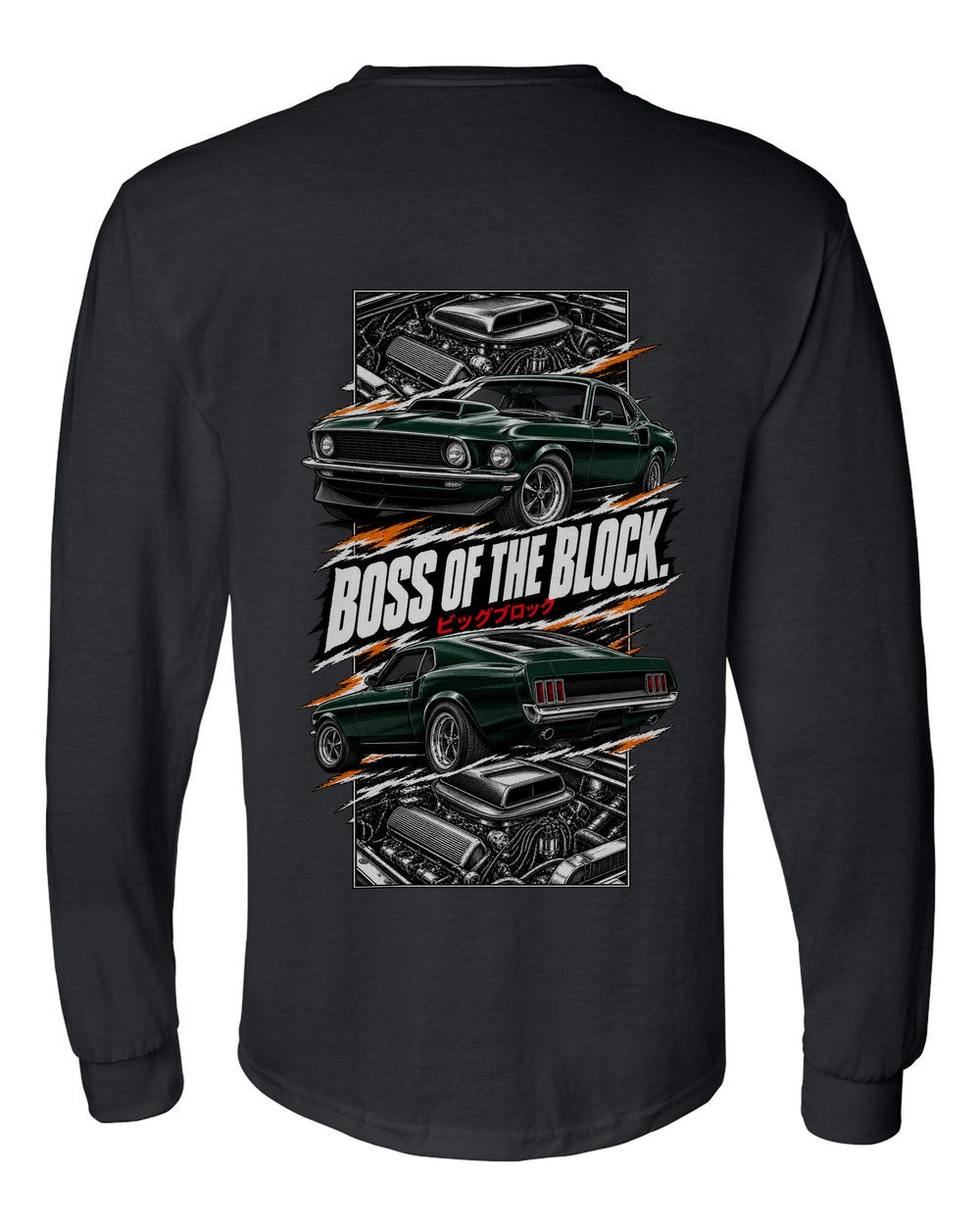 Ford Mustang Boss 429 torn poster black long sleeve back view with the design