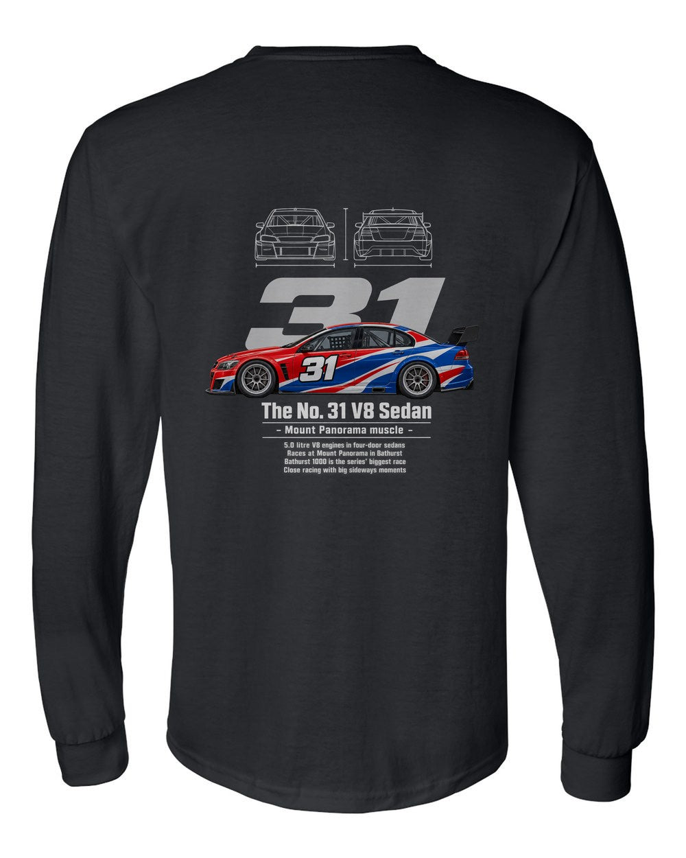 No. 31 V8 Sedan black long sleeve back view with the design
