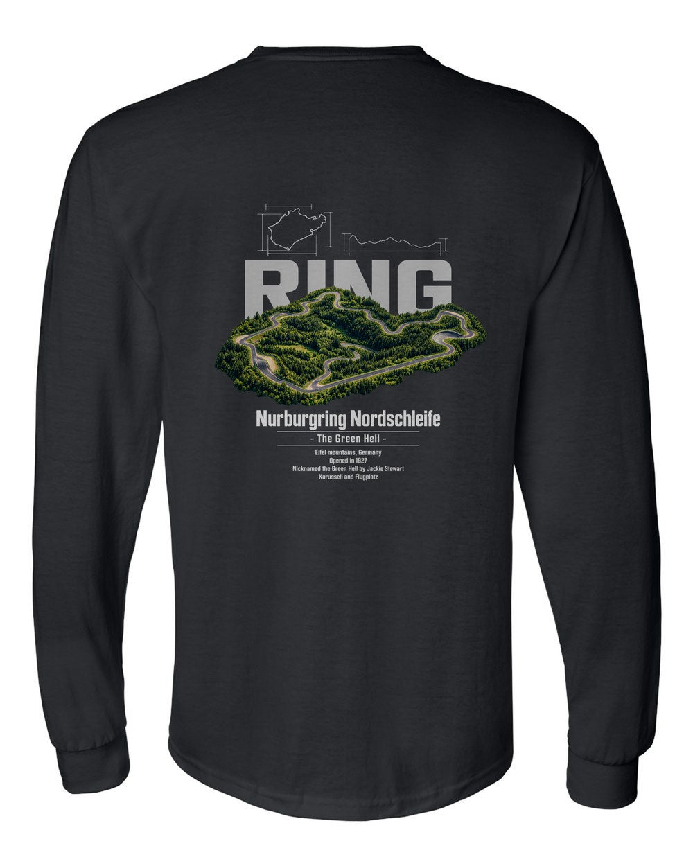 Nurburgring Nordschleife black long sleeve back view with the design