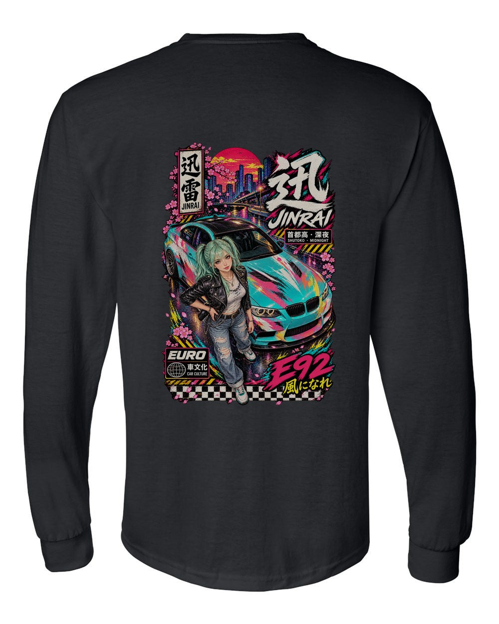 JINRAI E92 full-back artwork black long sleeve back view with the design