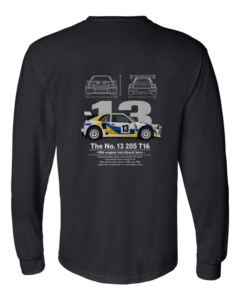 No. 13 205 T16 black long sleeve back view with the design
