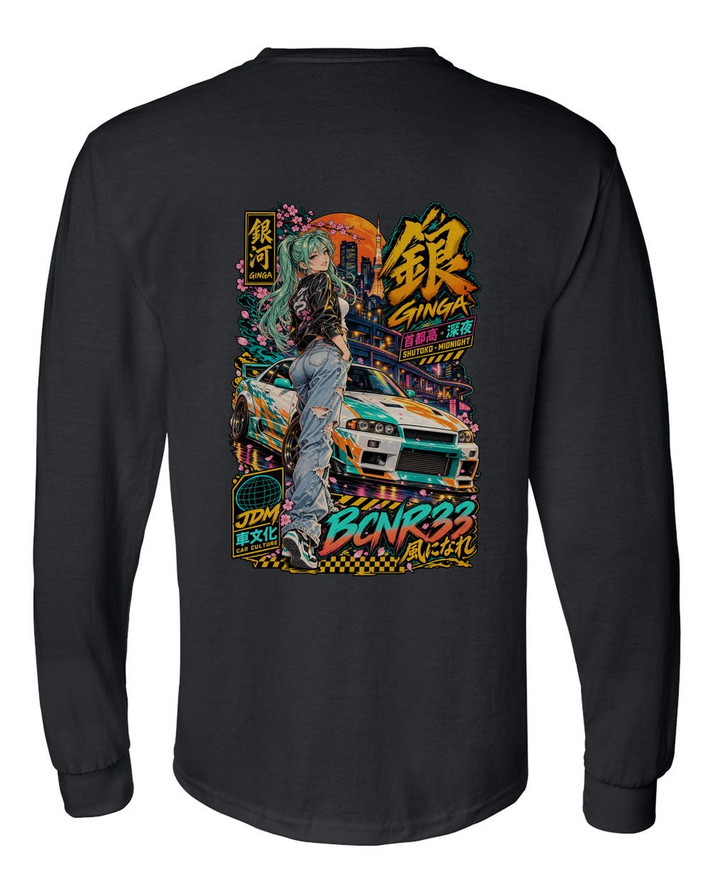 GINGA BCNR33 full-back artwork black long sleeve back view with the design