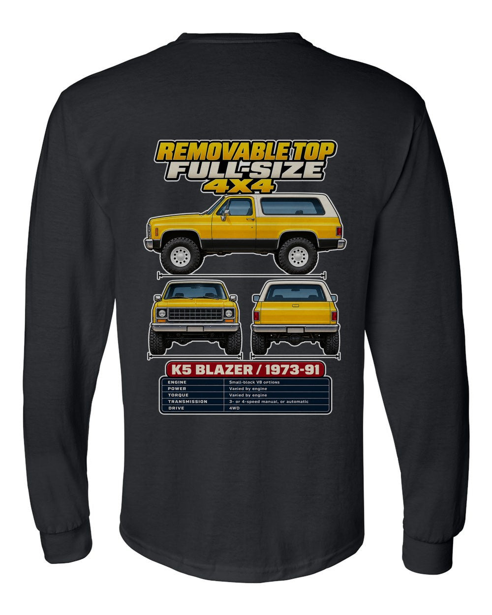 Chevrolet K5 Blazer spec sheet black long sleeve back view with the design