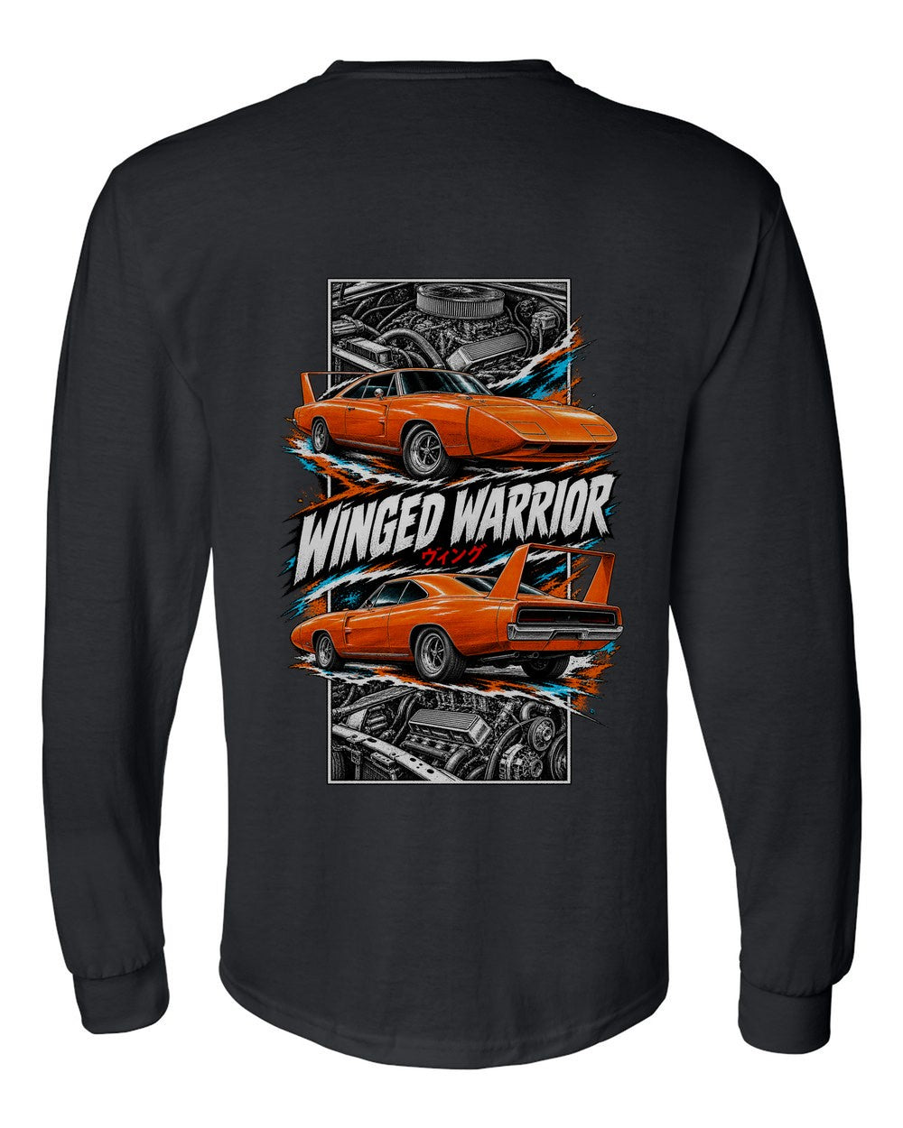 Dodge Charger Daytona torn poster black long sleeve back view with the design
