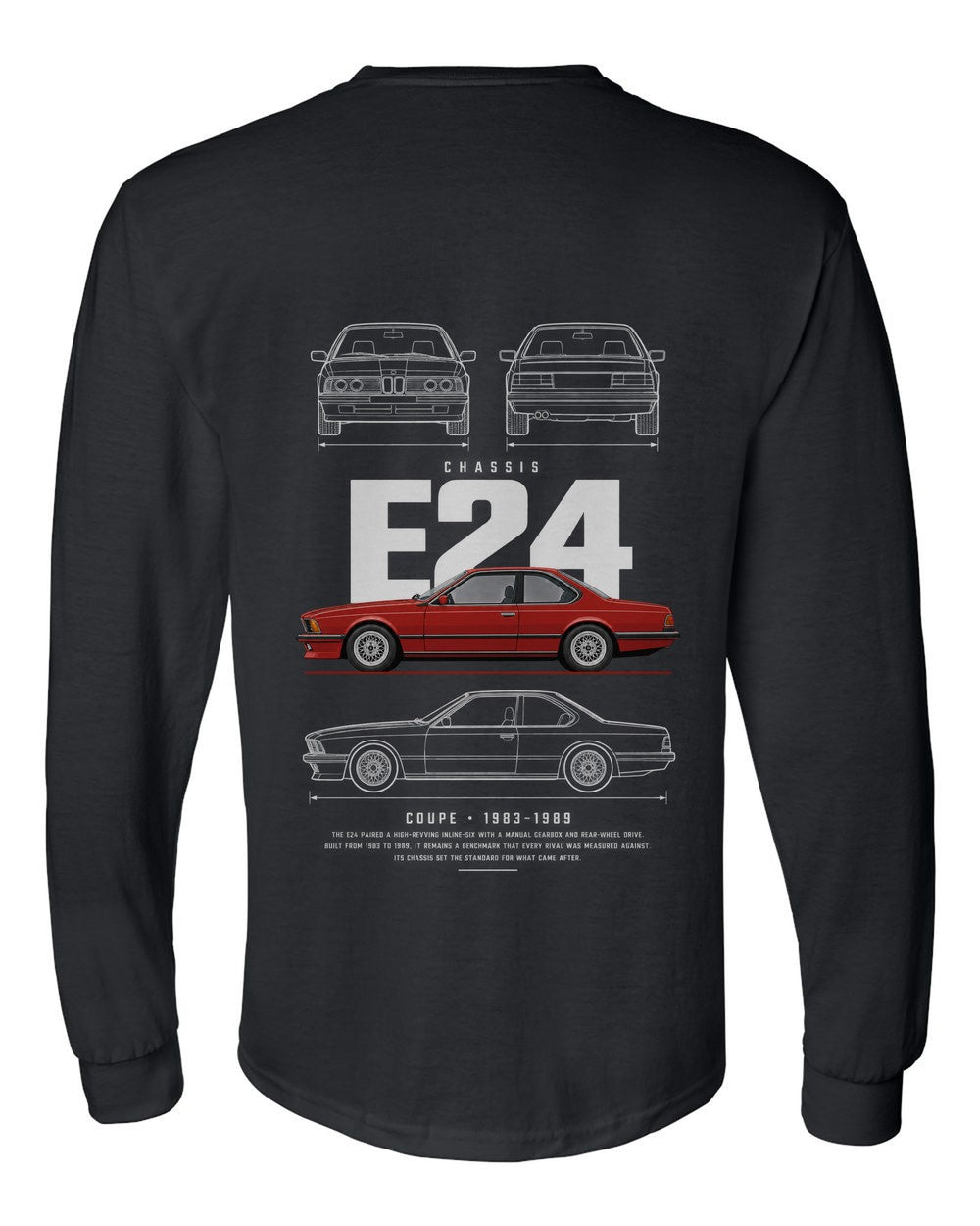 E24 full-back artwork black long sleeve back view with the design