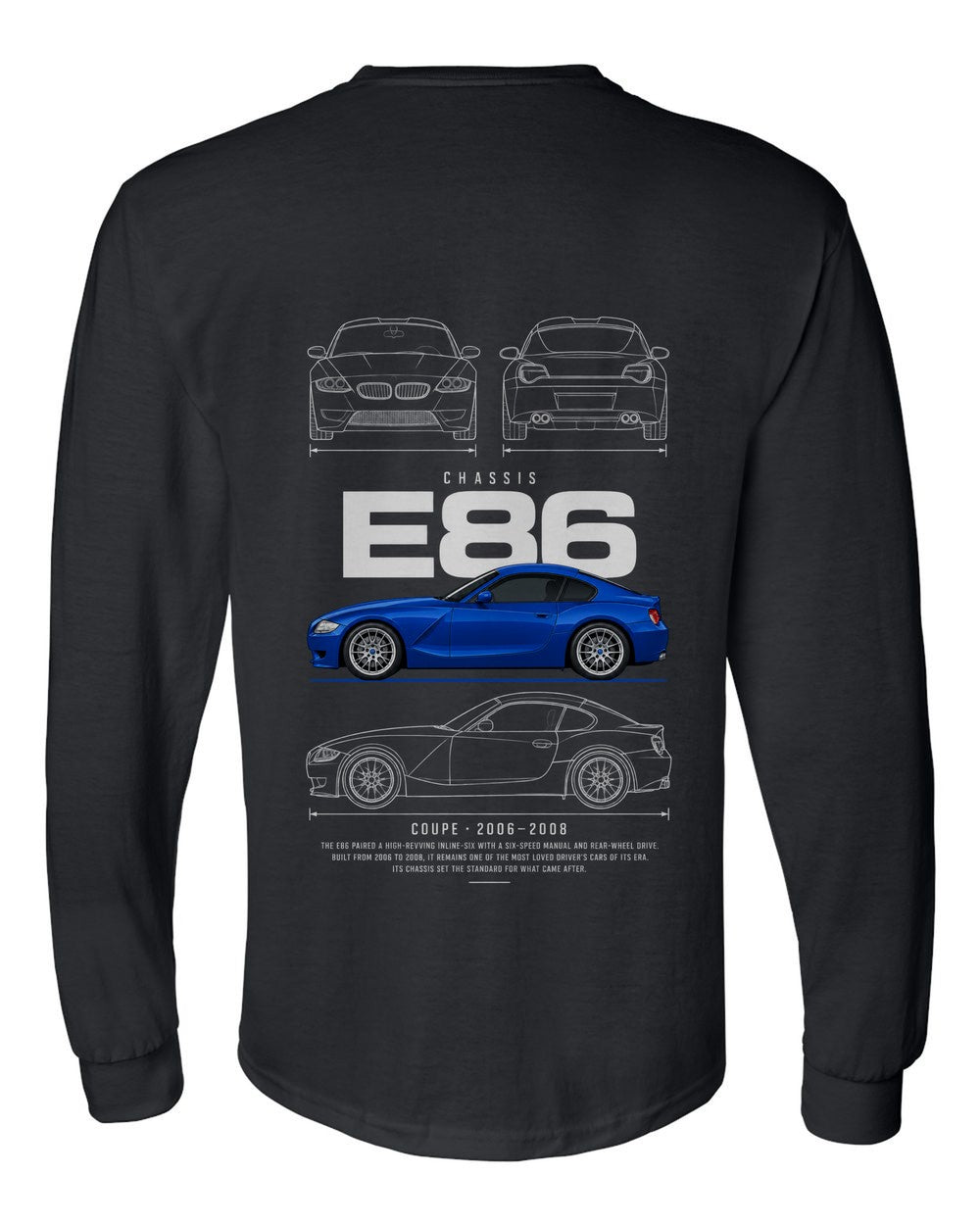 E86 full-back artwork black long sleeve back view with the design