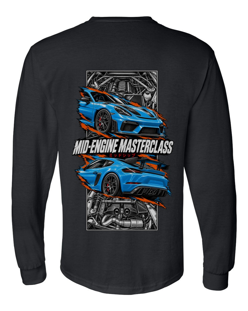 Porsche 718 Gt4 torn poster black long sleeve back view with the design