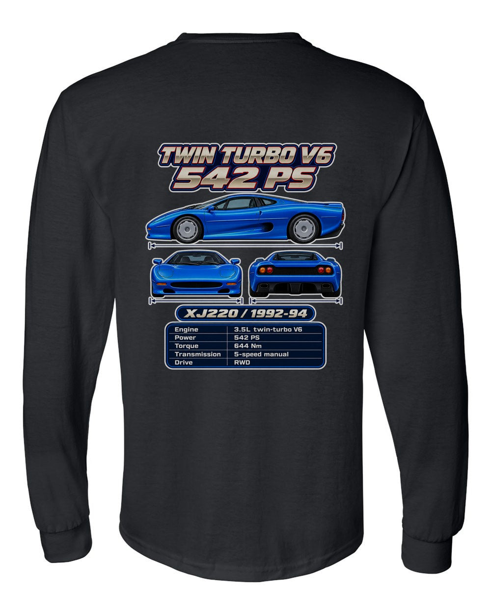Jaguar Xj220 spec sheet black long sleeve back view with the design
