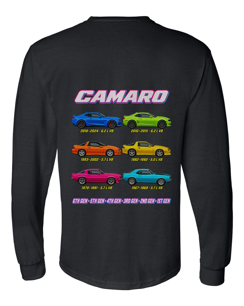 Chevy Camaro evolution poster black long sleeve back view with the design