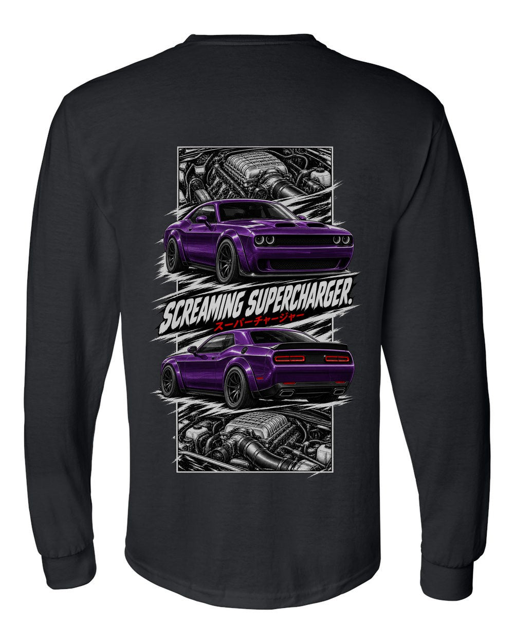 Dodge Hellcat torn poster black long sleeve back view with the design