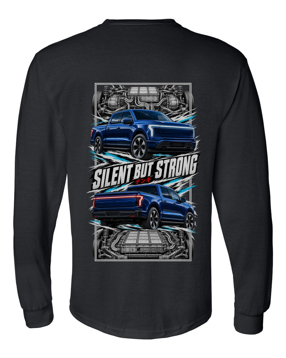 Ford F-150 Lightning torn poster black long sleeve back view with the design